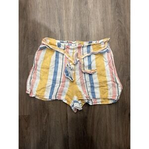 C&C California Shorts Womens 12 Colorful Stripe Linen Paperbag Waist Belted Boho
